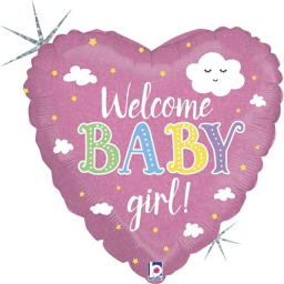 Balónik fóliový Welcome baby girl ružové srdce