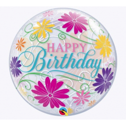 Balónik bublina kvetinový Happy Birthday