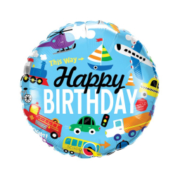 Balónik fóliový Happy Birthday dopravné prostriedky
