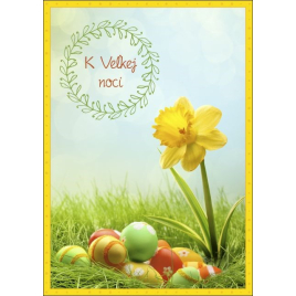 Veľkonočná pohľadnica - Narcis a kraslice v tráve