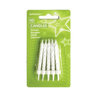 Tortové sviečky 10 ks biele s glitrami 6,3cm                    