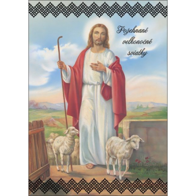 Veľkonočná pohľadnica - Ježiš s palicou a barančekmi                    