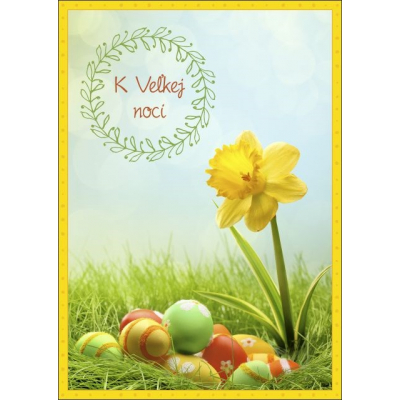 Veľkonočná pohľadnica - Narcis a kraslice v tráve                    