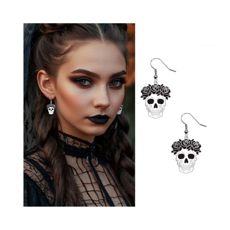 Náušnice Halloween Lebka s kvetmi                    