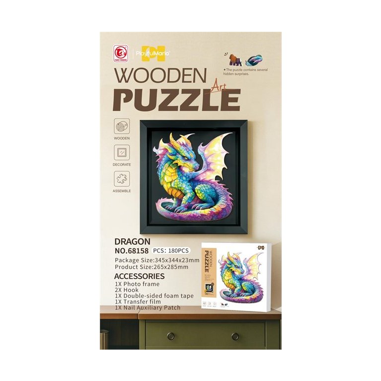Drevené puzzle s rámikom - Drak                    